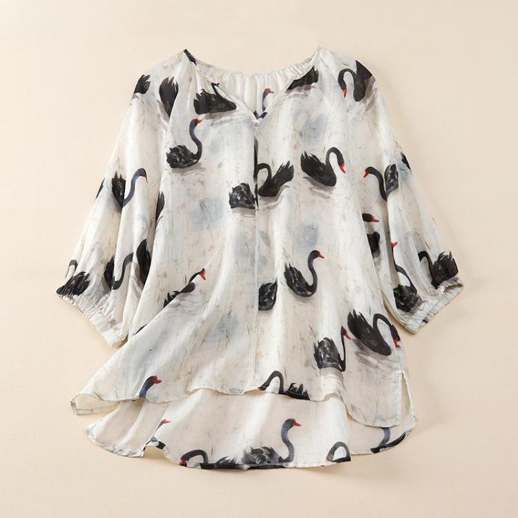 New Summer Linen Blouse Floral Pattern Loose Shirt Casual Plus Size Women White