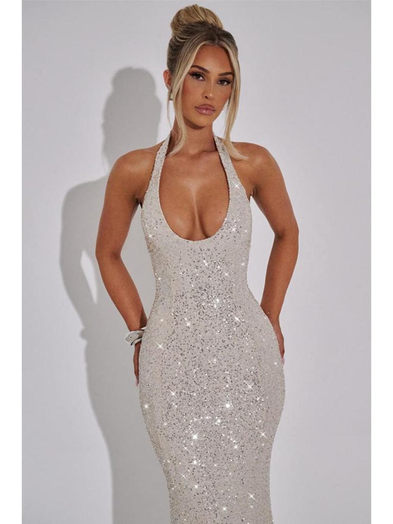 2024 Γυναικείο Αμάνικο Bodycon Φόρεμα Halter με Σχέδιο που Σφίγγει τη Μέση - Σέξι Μονόχρωμο για Φθινόπωρο/Χειμώνα