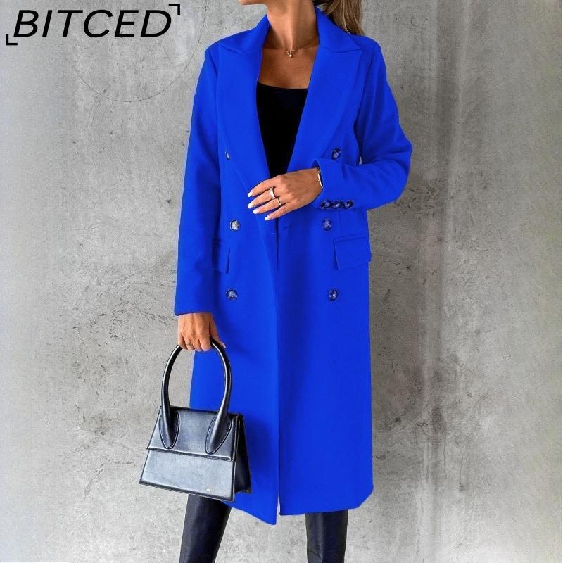 BITCED Women's Spring Coat - Versatile Wool-Blend Trench Coat Solid Colour Long-Sleeved Double-Breasted Style with Slash Pockets