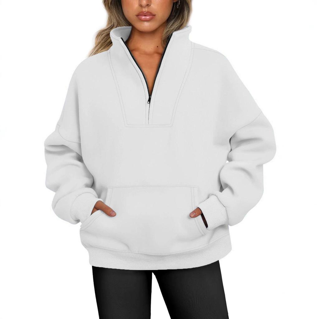2023 Autumn-Winter Women's Fleece Stand Collar Zipper Hoodie with Pockets