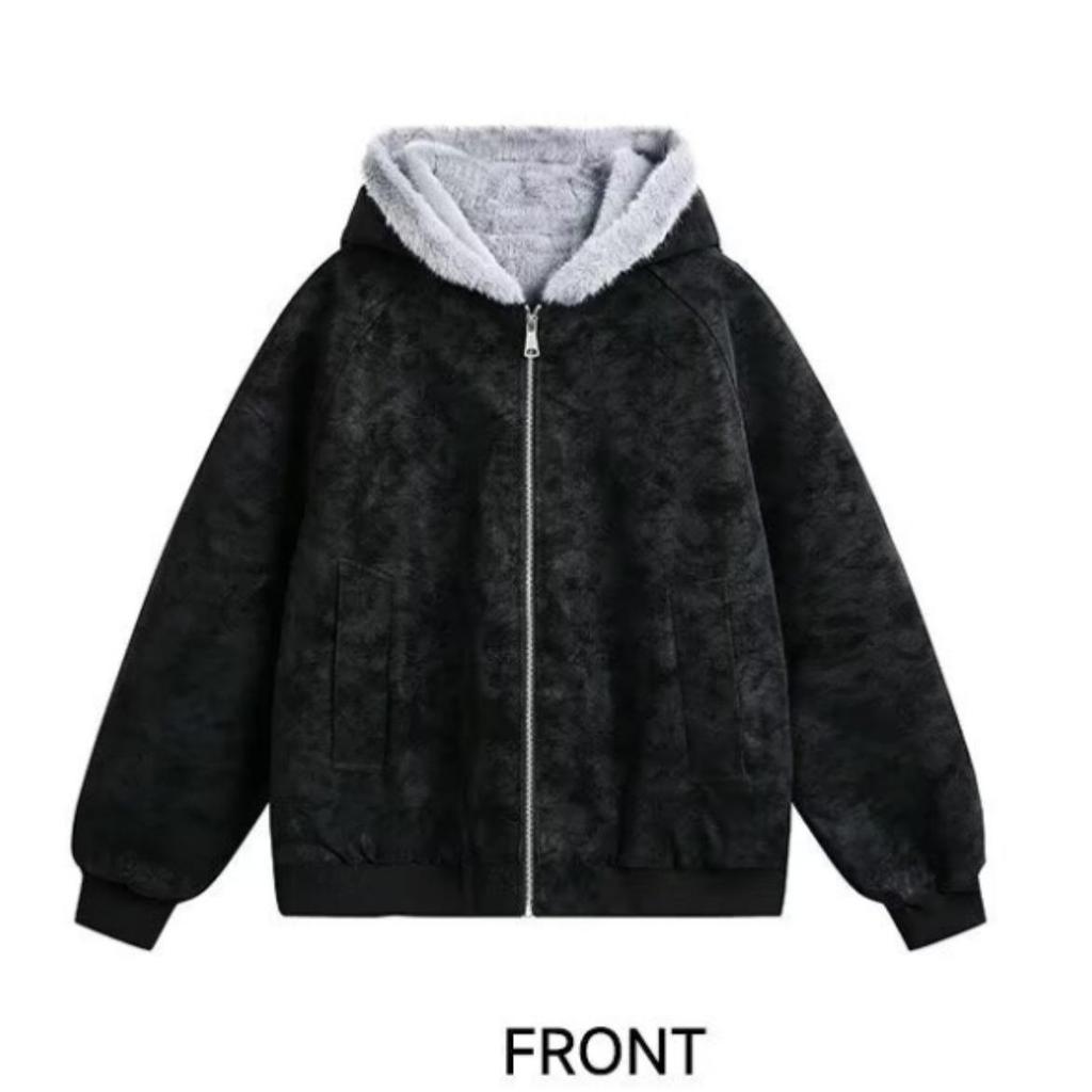 Unisex American-Style Hooded Leather & Cotton Jacket with Fur Collar - Thick, Warm, Winter Coat