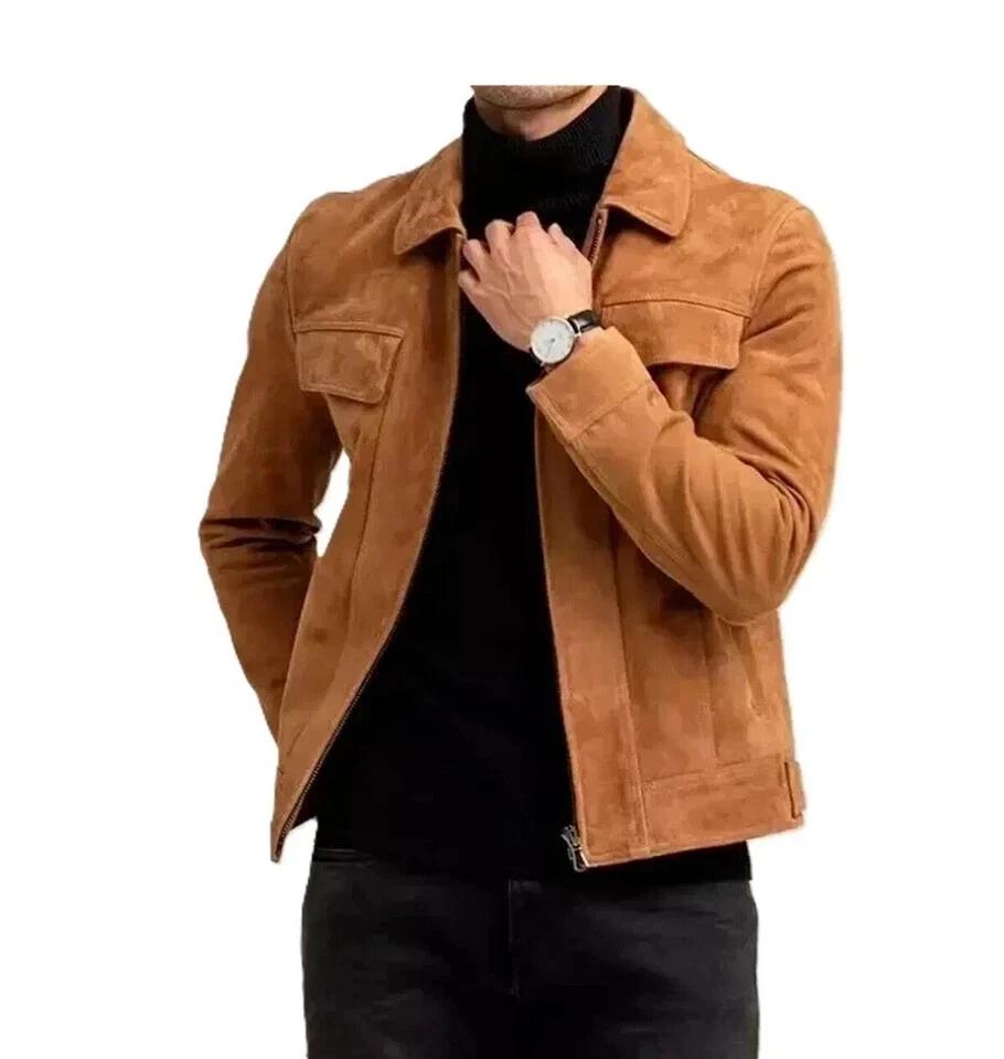 Echtes Lammleder Handgefertigt Leder Echt Stilvoll Weiches Wildleder Neue Herrenjacke Braun