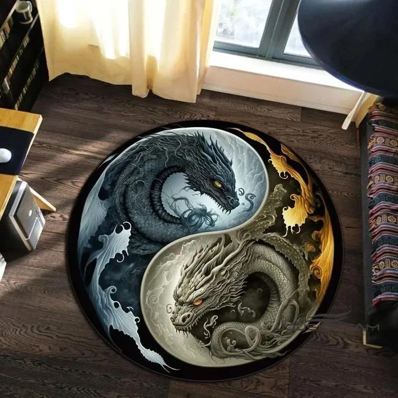Animal Art Style Round Carpet 3D Printed Coiling Dragon Crouching Tiger Lion Pattern Children's Study Room Floor Mat