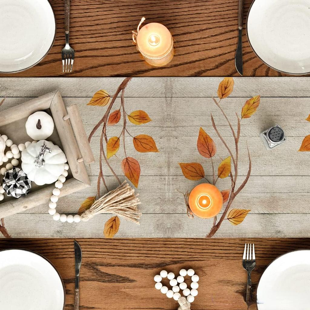 Wood Grain Gnomes Pumpkins Sunflower Leaves Fall Table Runner Autumn Thanksgiving Dresser Scarf Decor Kitchen Dining Table Decor