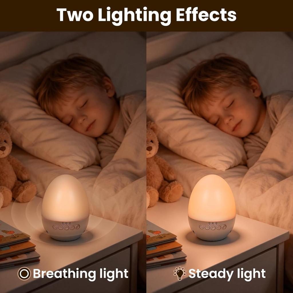 Ei-Licht für Kinderzimmer, Ei-Nachtlicht mit 30 Geräuschkulissen, 30/60/90 Min. Timer, BPA-frei, Wiederaufladbares Kinderzimmer-Nachtlicht mit 2 Lichteffekten