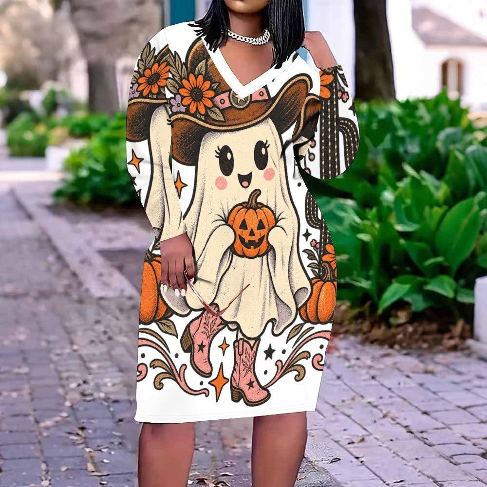 Women Plus Size V Neck Long Sleeve Fitted Straight Hem Dress Halloween Dachshund Printed White