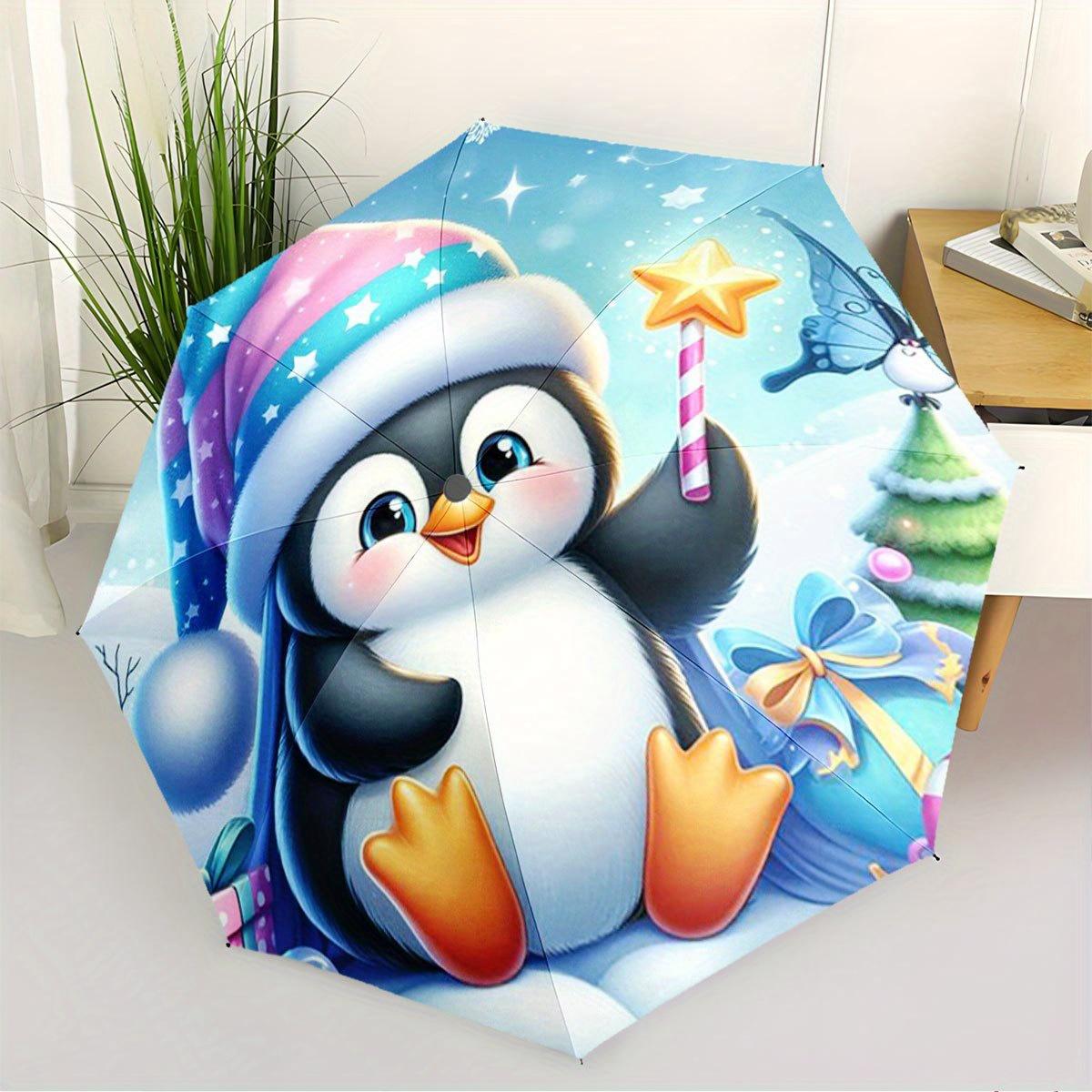 Automatic Open/Close Umbrella with Cute Penguin - Compact Folding Umbrella, Portable Travel Umbrella with 8-Rib Strong Frame,