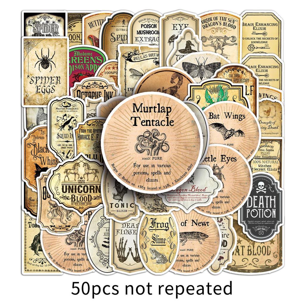 50pcs Retro Potion Label Stickers - Creative DIY Waterproof Skateboard & Luggage Decals
