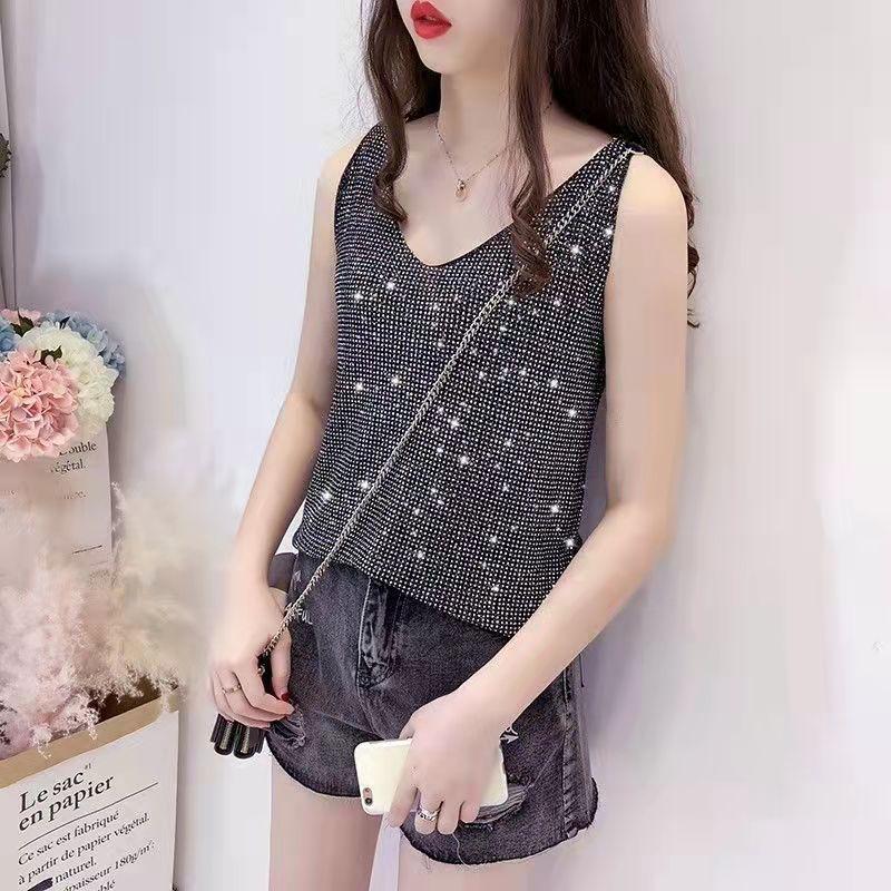 

Летняя женская блузка Ice Silk Diamond Camisole Loose Sleeveless V-образным вырезом Bottoming Tank Crop Tops XXXL чёрный
