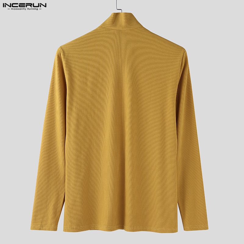 INCERUN Autumn Men Stand Collar Long Sleeve Zip-up Rib Knitted Pullovers Tops