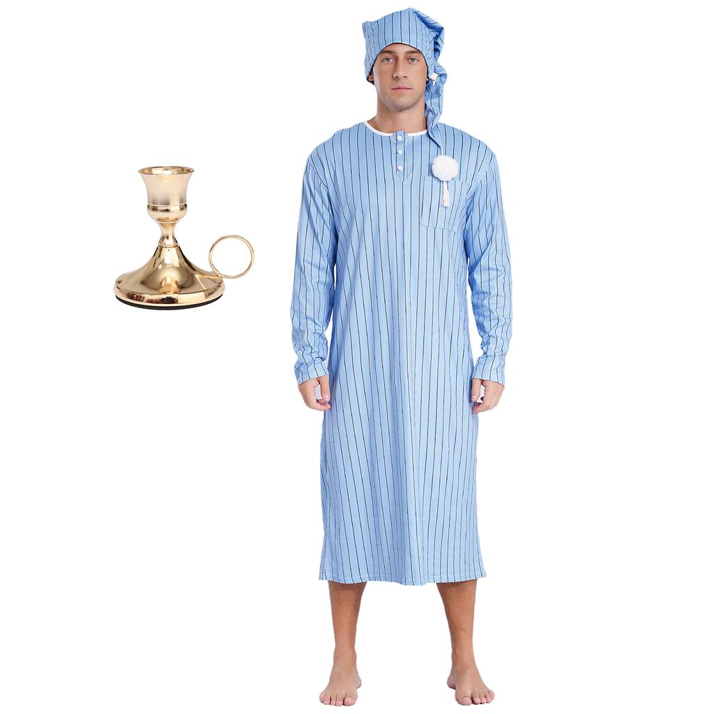 Men's Christmas Pajama Set Striped Sleep Dress Robe with Matching Hat and Candle Holder