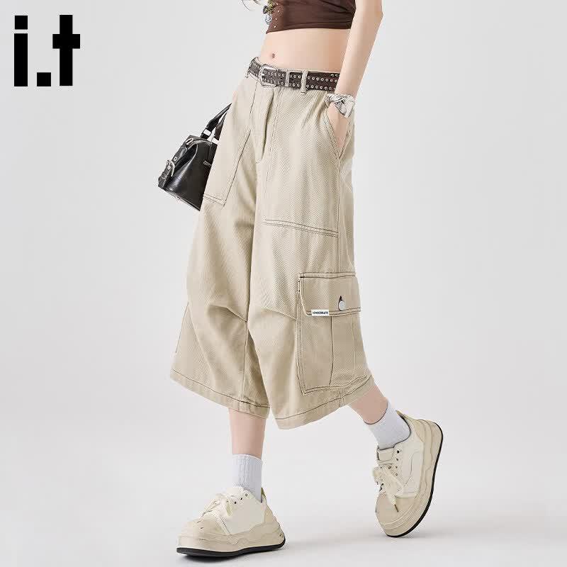 :CHOCOOLATEit Women's Cropped Wide-Leg Denim Cargo Pants