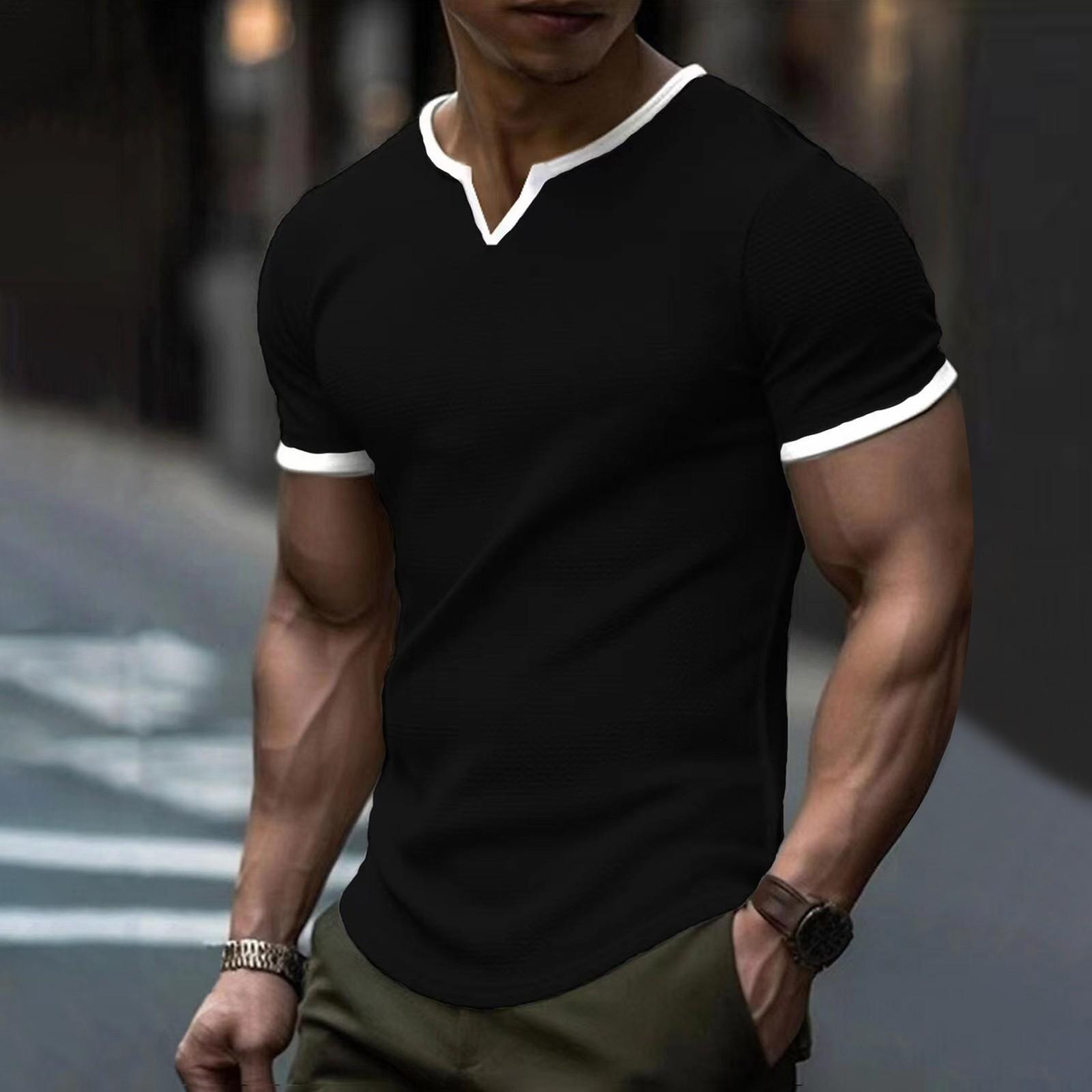 Мужская летняя мода спортивная повседневная футболка с коротким рукавом однотонная футболка с V-образным вырезом L чёрный