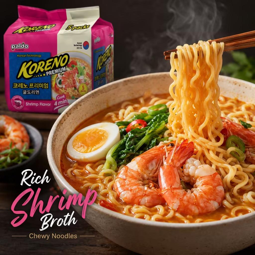 PALDO Shrimp Soup Noodle Multi Pack 100g*5pcs | Savory shrimp broth, springy noodles, practical multi-pack