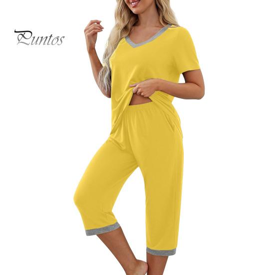 T-shirt Pants Set 2 Pcs/Set Pajamas V Neck Contrast Color Short Sleeve Women Sleepwear Loose Homewear Elastic Waist Cropped Summer Night Clothes