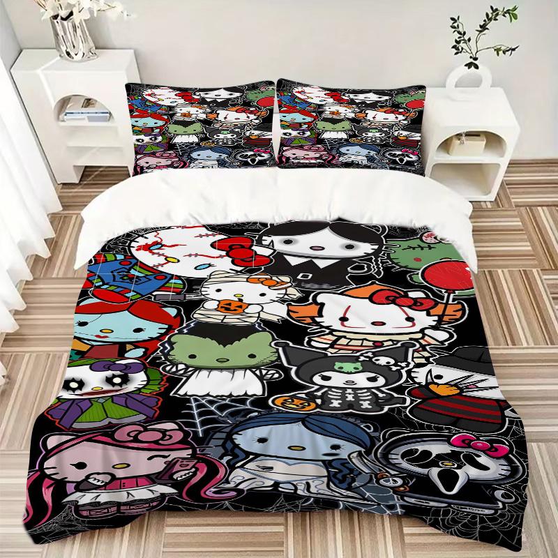 3pcs Halloween Compilation Hello Kitty Bedding Set Includes 1 Quilt Cover and 2 Pillowcases, Comfortable Bedding with Stylish Design for Bedroom S025