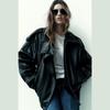 Chaqueta de Cuero PU Retro para Mujer Cuello Alto Fresco Manga Larga Bolsillos con Cremallera Abrigo Chic Otoño 2025 Ropa de Calle para Mujer