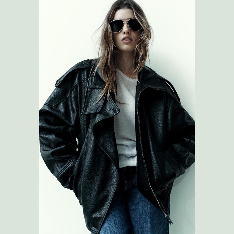 Chaqueta de Cuero PU Retro para Mujer Cuello Alto Fresco Manga Larga Bolsillos con Cremallera Abrigo Chic Otoño 2025 Ropa de Calle para Mujer