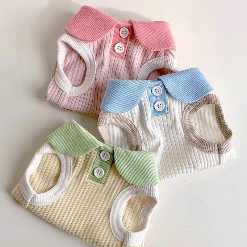 Japanese and Korean Wind Spring Summer Dog Macaron Contrasting Color Lapel Casual T-shirt Cat Thin Pet Teddy Dog Clothes