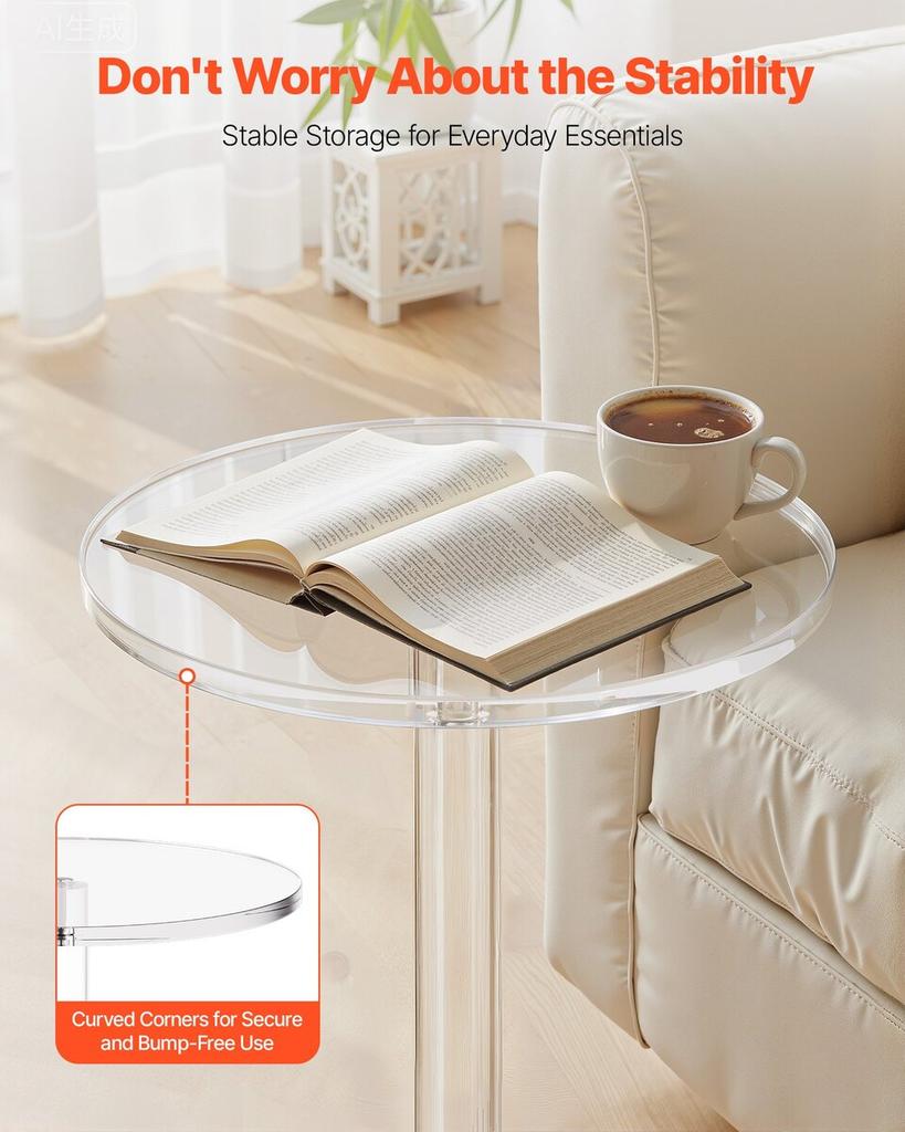 Acrylic Drink Table, Clear End Table Round Top with Solid Post, Modern Acrylic Cake Table Stand, Transparent Side Desk for Coffee, Drink, Food, Snack,