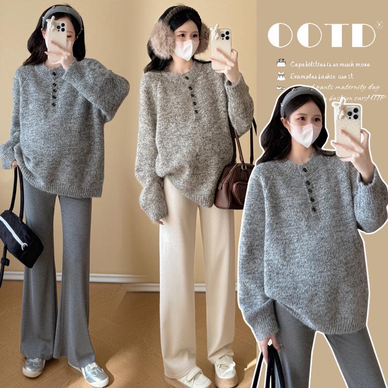2025 Maternity Round Neck Solid Color Sweater - Autumn/Winter Casual Loose Slimming Top L хаки