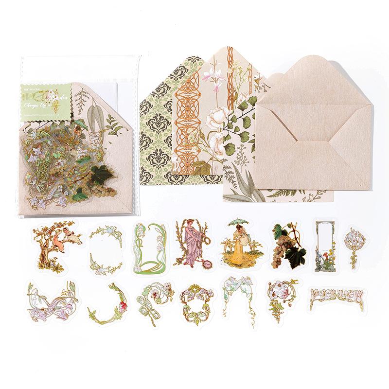 30Pcs Stickers + 1 Envelope + 3Pcs Material Paper Set Gold Foil Craft DIY Scrapbook Journal Diary Album Decorative Supplies
