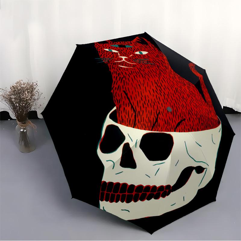 1pc Cat Skull Automatic Umbrella - 8-Rib Portable Folding Black Iron Frame for Outdoor, Beach, Travel, Beach Umbrella,039