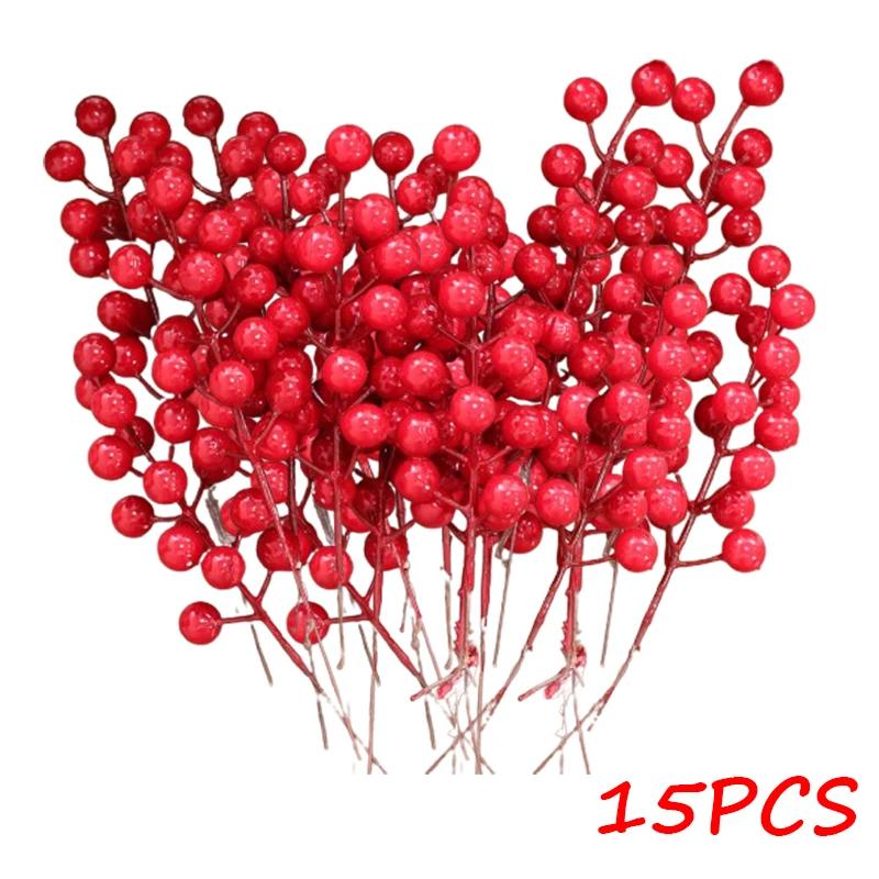 Christmas Red Berries 15head Artificial Red Berries Stems Holiday Wreaths Xmas Tree Ornament Party Displays Decoration Wholesale