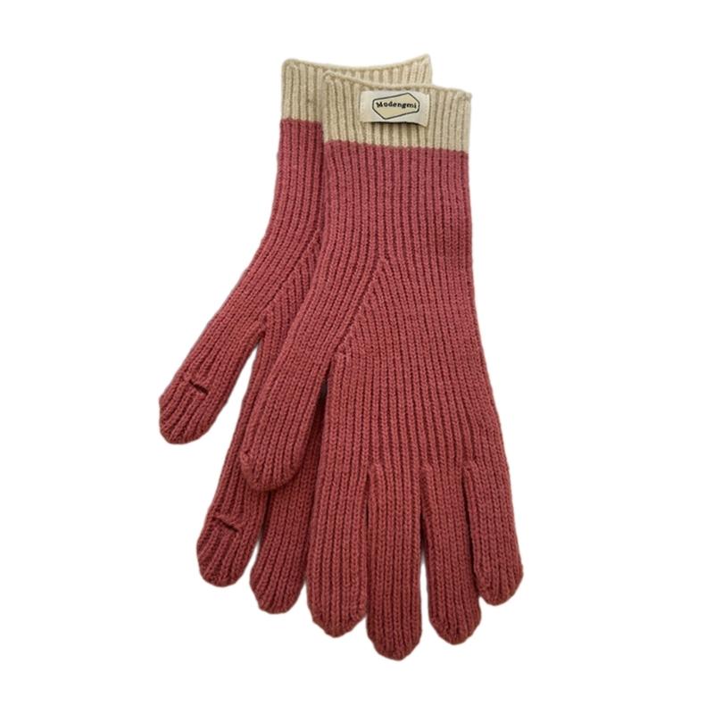 Womens Warm Knitted Full Finger Gloves Outdoor Riding Touchable Screen Colorblock Letters Label Decor Thermal Mittens