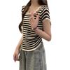 Summer new irregular square neck striped sweet and spicy style thin belly cover short-sleeved T-shirt knitted sweater top women