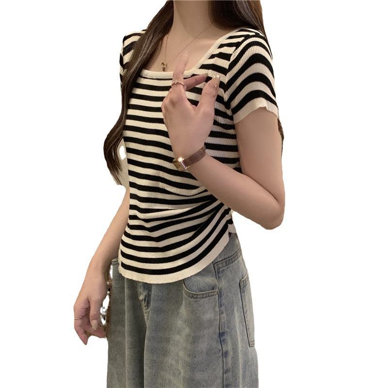 Summer new irregular square neck striped sweet and spicy style thin belly cover short-sleeved T-shirt knitted sweater top women