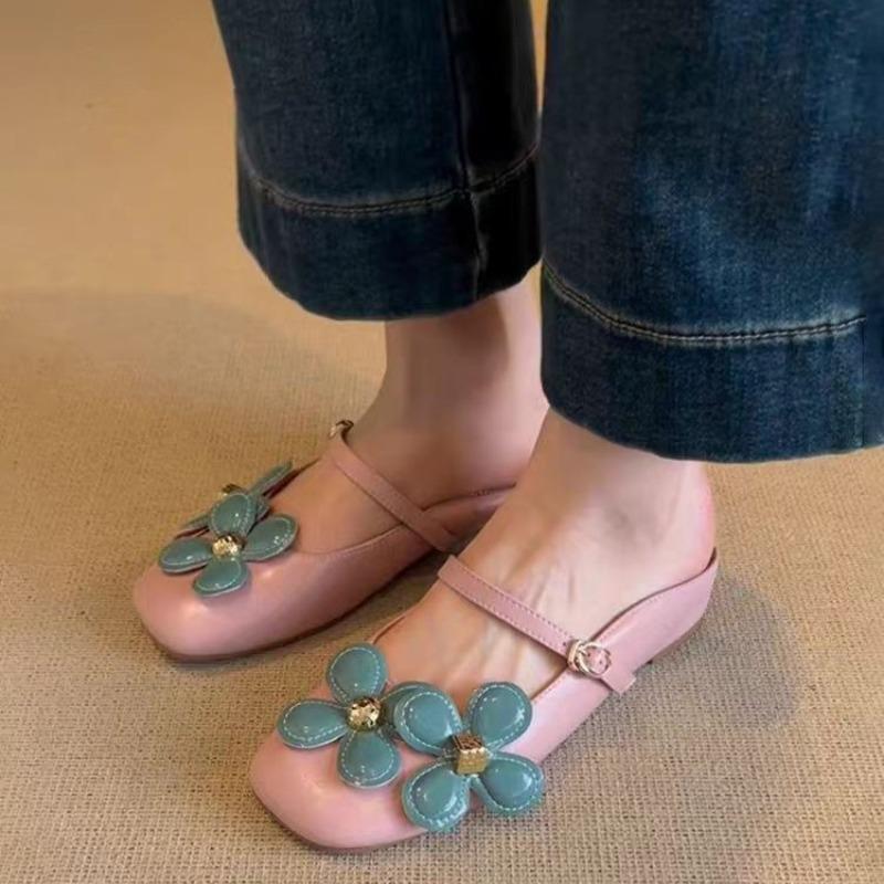 Fashion Flat Bao Tou Cool Mopping Summer New Square Toe Shallow Mouth Flower Metal Buckle One Slip Soft Sole Non-slip Slippers