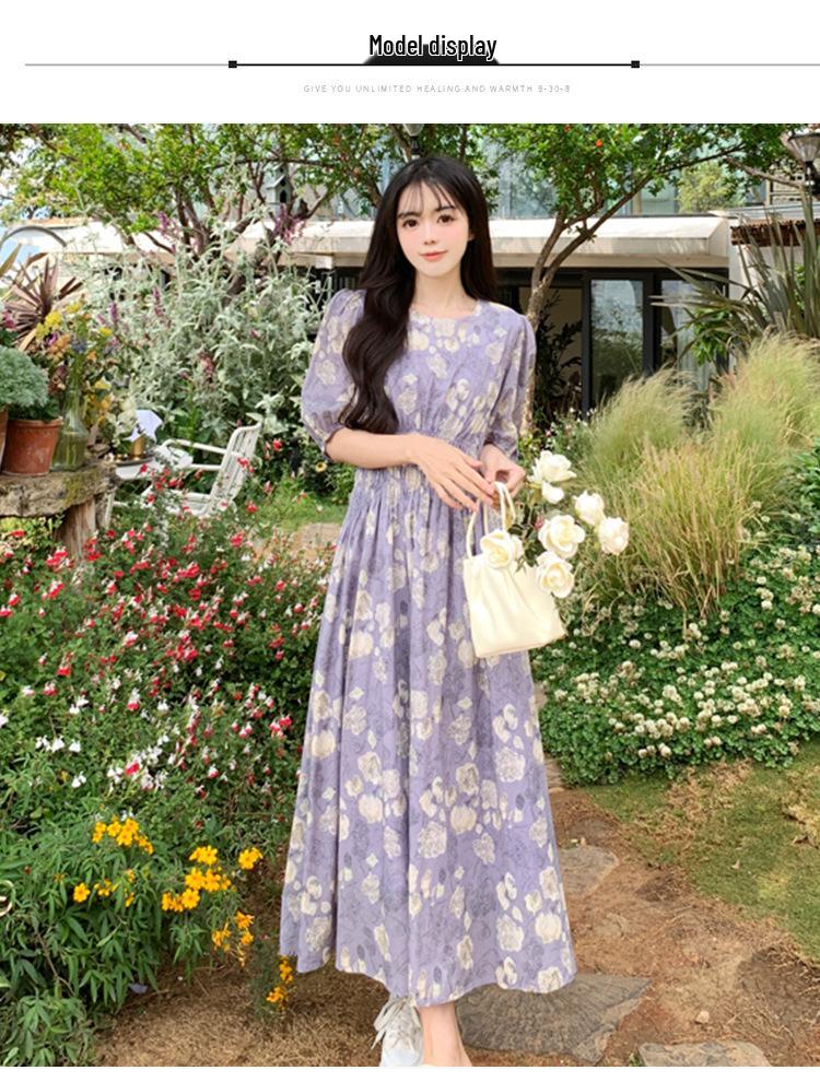 Summer 2025 Purple Floral Chiffon Dress: Gentle Puff Sleeve, Round Neck, Fitted Waist, Tea Length