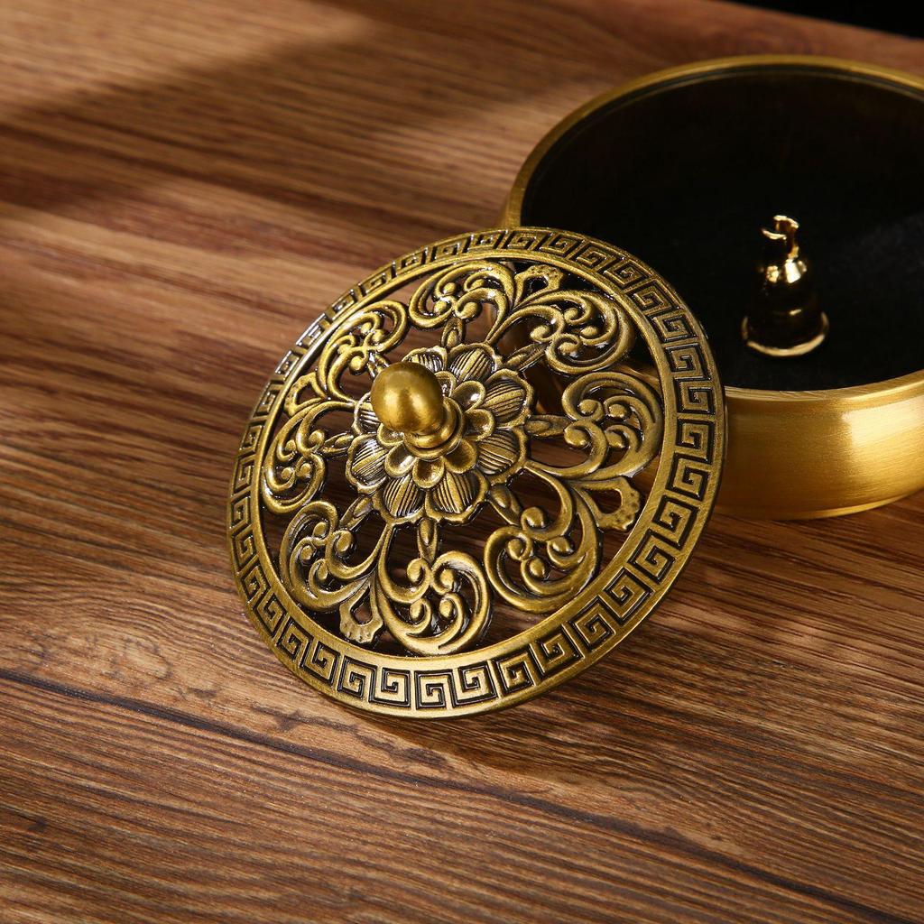 Retro Flat-Bottom Incense Burner for Coil, Sandalwood & Agarwood with Classical Golden Lotus Design, Home Décor & Ceremony Ornament