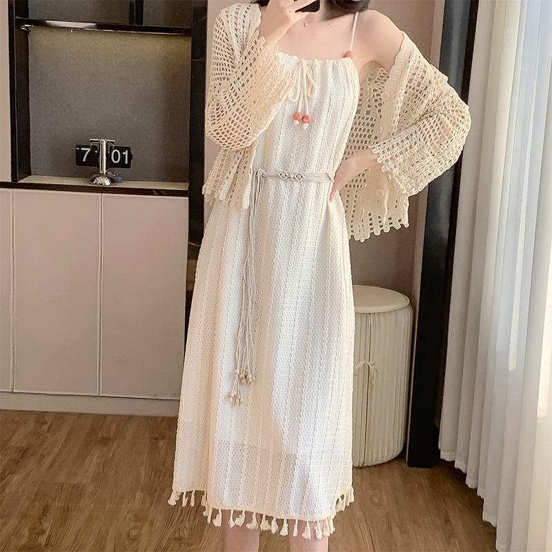 Bohemian Tassel Spaghetti Strap Fitted White Dress with Shawl - Early Spring Collection