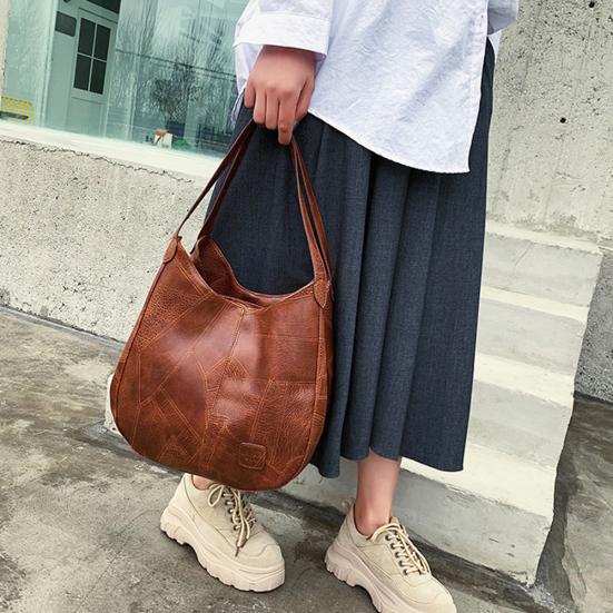Vintage Solid Color Faux Leather Handbag Women Large Capacity Tote Shoulder Bag