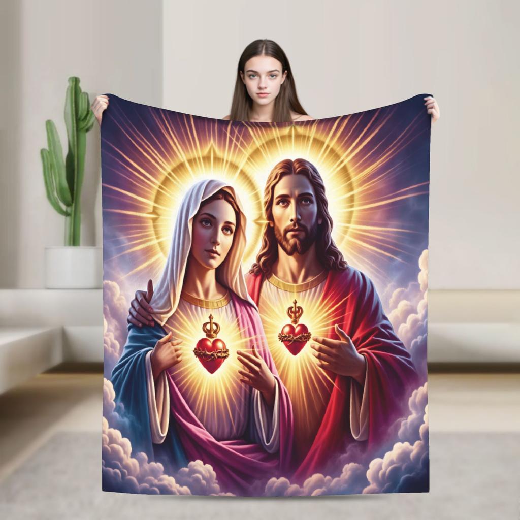 Sacred Heart of Jesus and Immaculate Heart of Mary Blanket Boy Girl Flannel Bedding Throws For Bedroom Soft Comfy Bedspread