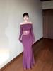Women's Winter Purple Lace-Spliced Draped Fishtail Dress