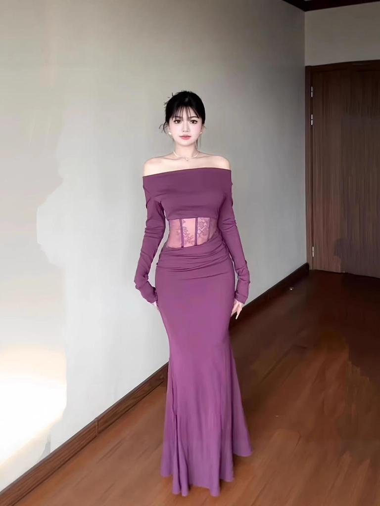 Women's Winter Purple Lace-Spliced Draped Fishtail Dress
