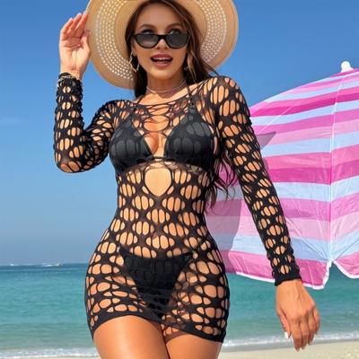 Vestido playero para mujer, con cuello redondo, manga larga, diseño hueco, de rejilla, protección UV