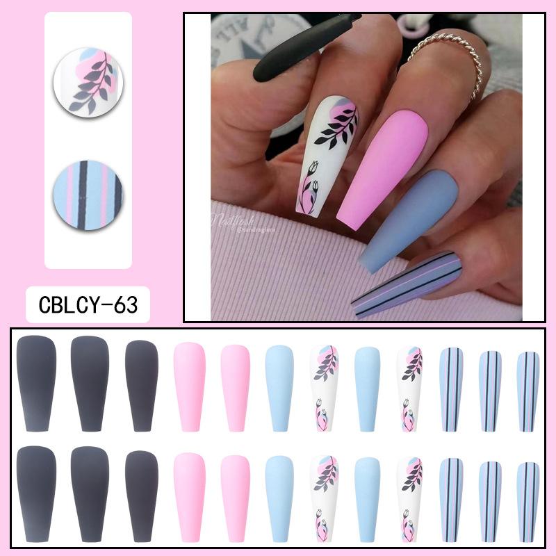 24Pcs Marble Gradient Long Coffin False Nails Detachable Wearable Gold Foil Ballerina Fake Nails Full Cover Nail Tips Press Glue