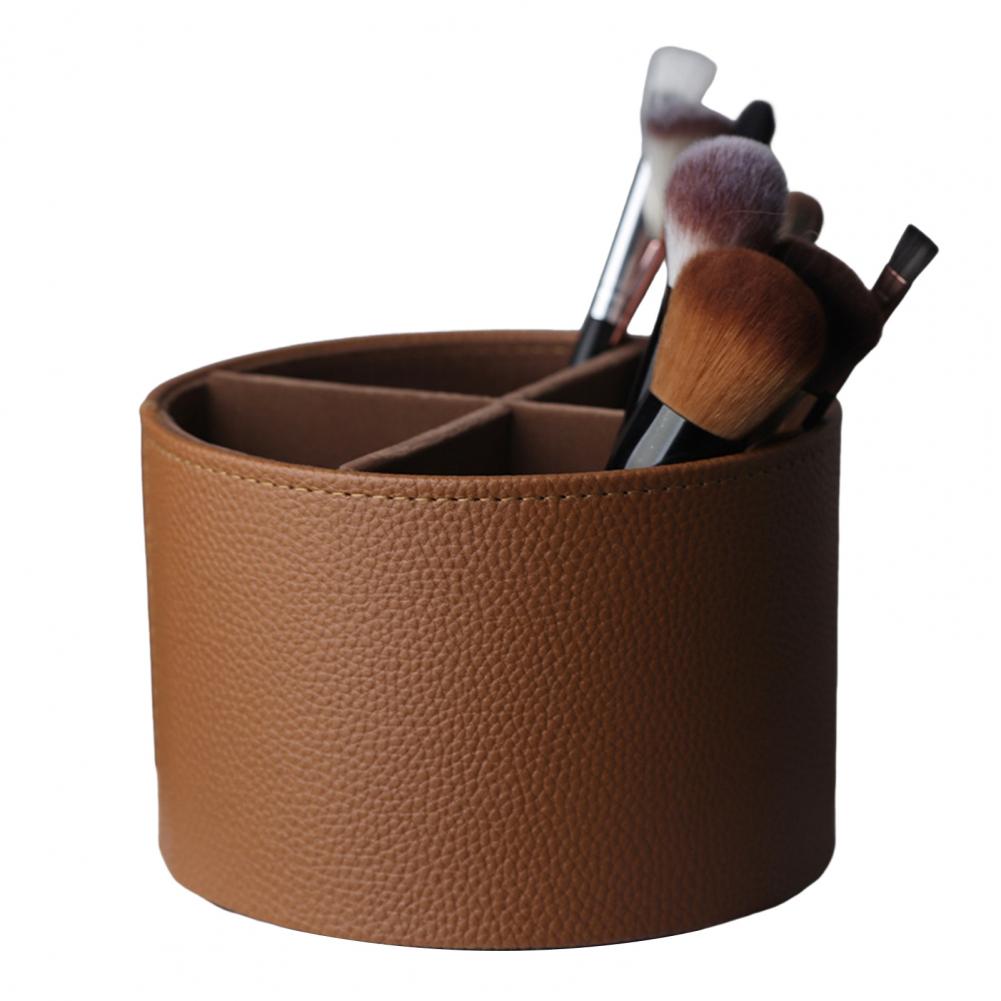 Multifunctional Desk Organizer Rotating Faux Leather Pencil Holder with 4 Compartments 360-degree Spinning Desk Organizer коричневый
