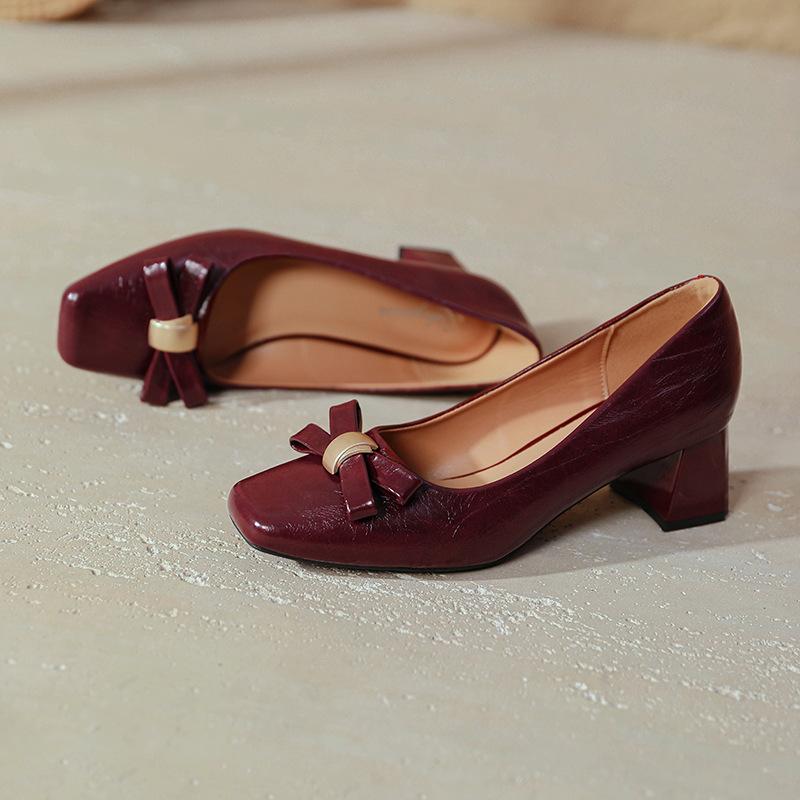 Square head high heels thick heel shallow mouth single shoes 2025 spring new large size women's shoes bow French medium heel shoes