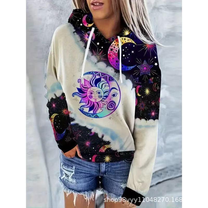 Womens Winter Hooded Sweatshirt Ethnic Print Loose Fit Long Sleeve Pullover Casual Oversized Top
