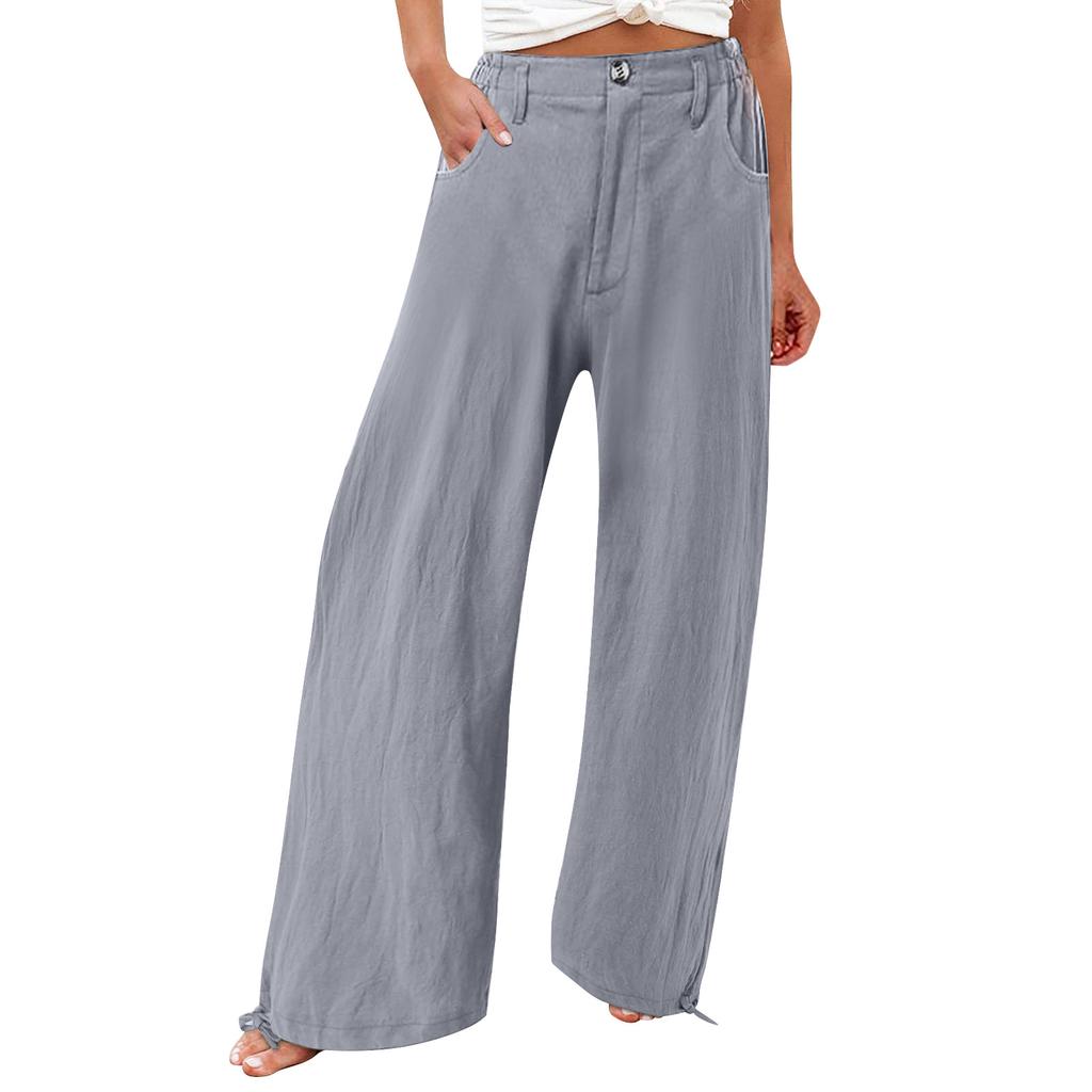 Summer Cotton Linen Wide Leg Pants Women Loose Palazzo Pant Pocket Elastic Waist Button Casual Pants