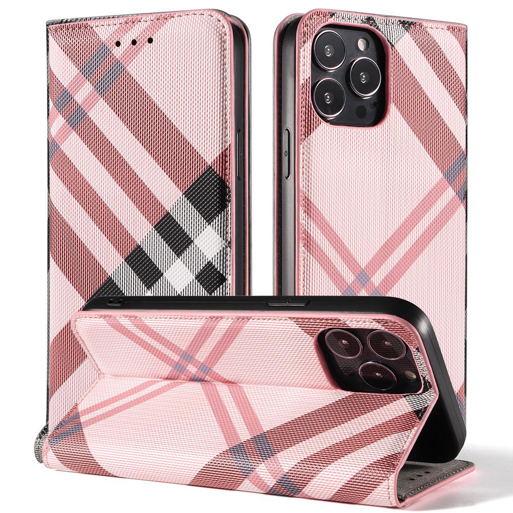 

Підходить для IPhone 16 Leather Case P50 Phone Case 15 Grid Flip Cover Protective Case S23 iPhone15Pro（6.1） рожевий