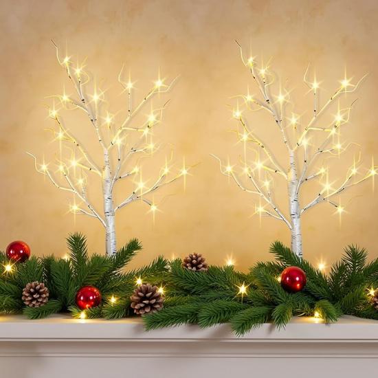 2-Pack Lighted Christmas Halloween Fall Tree Decorations Indoor, 2ft Birch Tree with LED Lights, Small Tabletop Christmas Tree with Lights, Warm