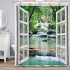 72x72 Inch Window View Forest Waterfall Shower Curtain Tropical Rainforest Green Trees Nature Landscape with Hooks