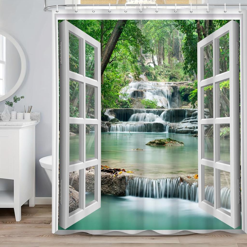 72x72 Inch Window View Forest Waterfall Shower Curtain Tropical Rainforest Green Trees Nature Landscape with Hooks