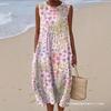 European, American Spring and Summer New Sleeveless Casual Printing Pocket Temperament Long Dress Dress Slim Fit Small Fresh Casual Dress